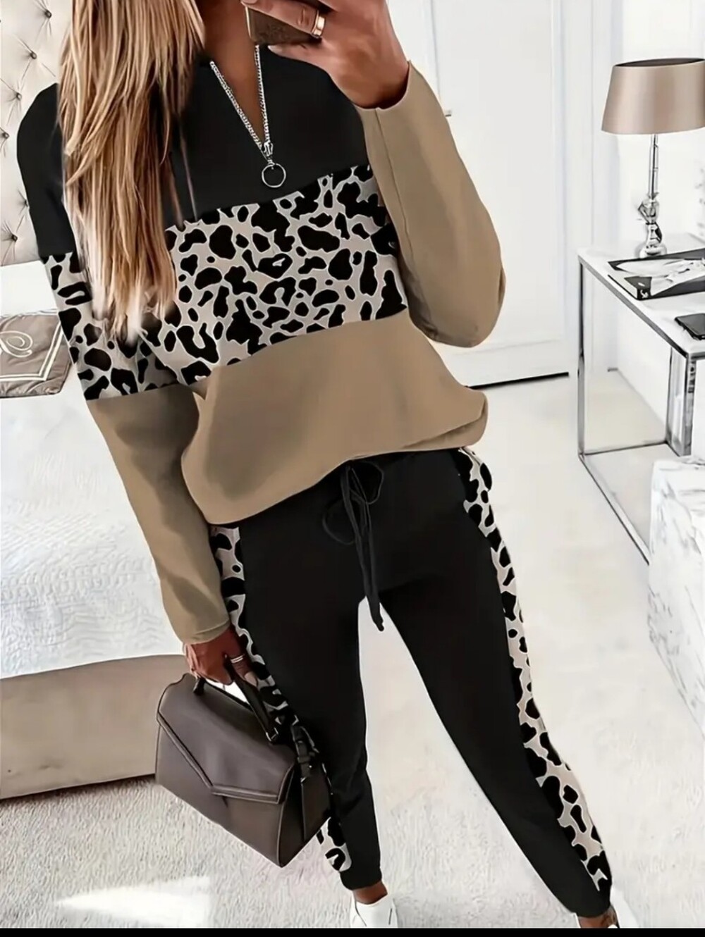 Women’s Colorblock Leopard Jogger Set in Black & Tan